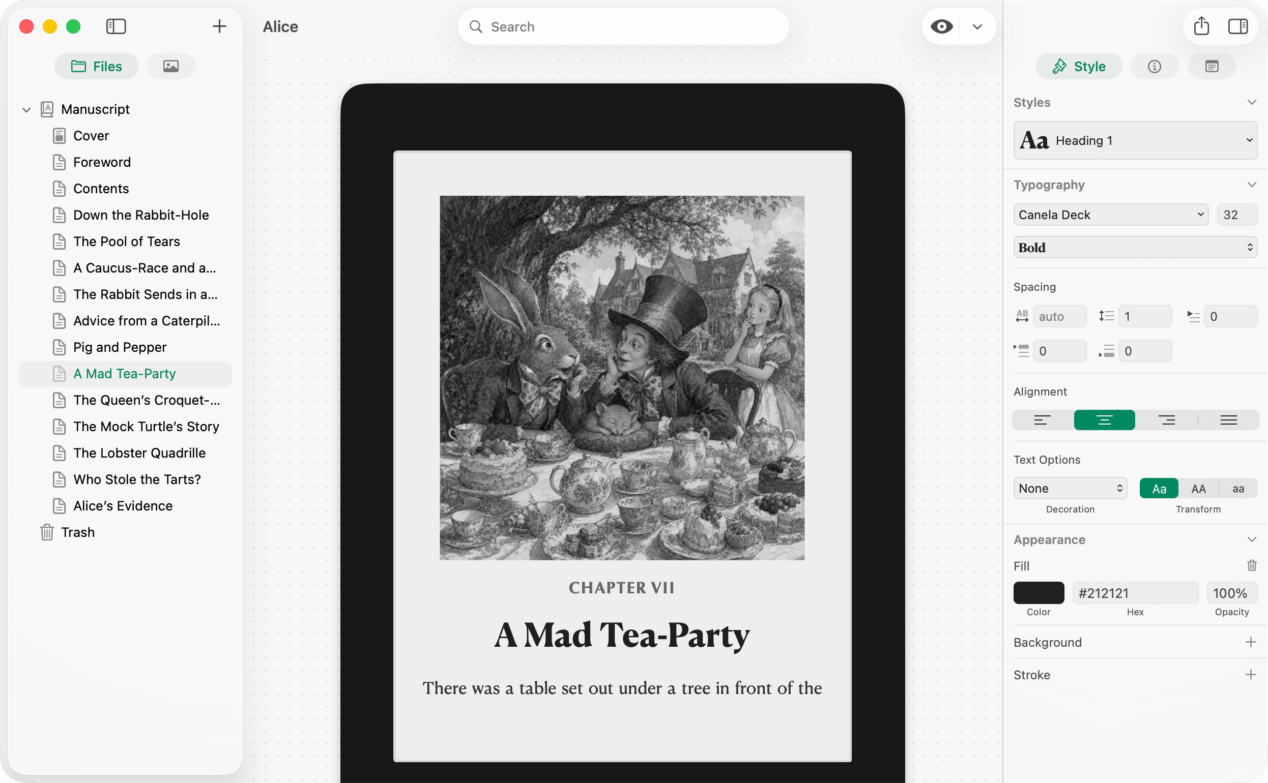 Pinery Kindle simulator showing an e-ink device preview of a chapter