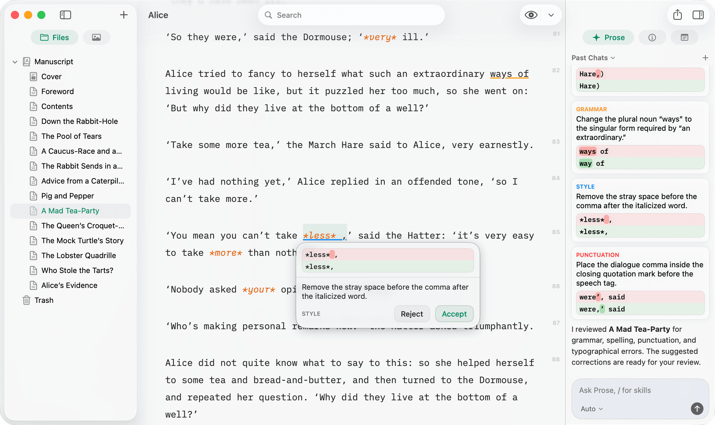 Prose proofreading suggestions with accept or reject diffs for grammar, word choice, and formatting