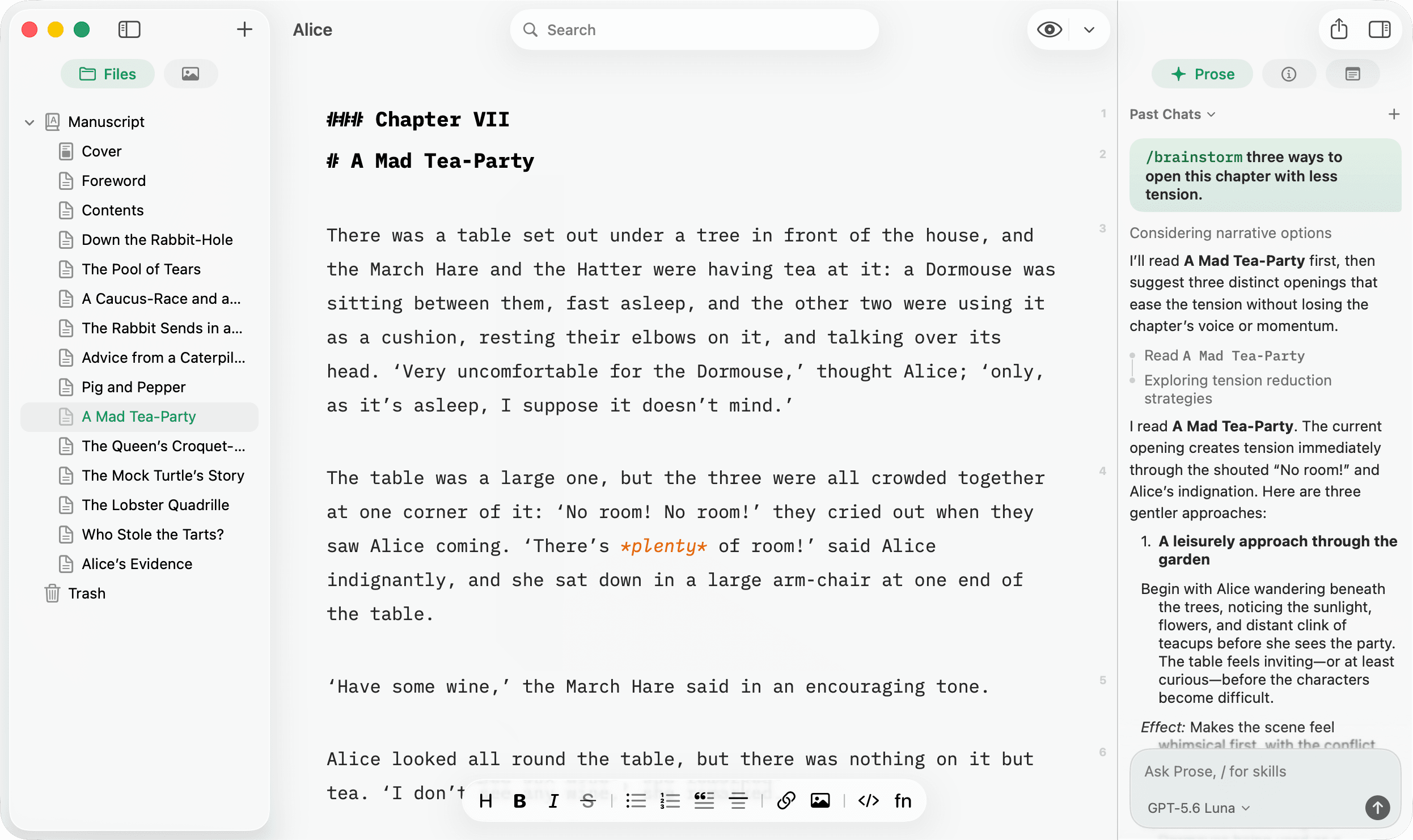 The Pinery editor with the Prose skills menu open over the composer