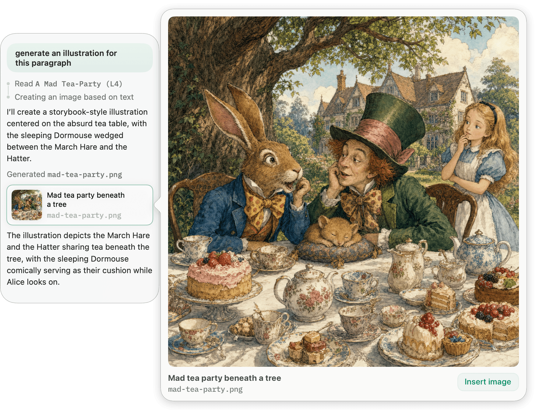 Prose generating a storybook Mad Tea Party illustration, previewed full size with an Insert image button